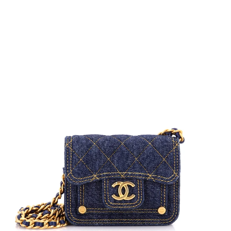 Double You CC Flap Clutch with Chain Quilted Denim