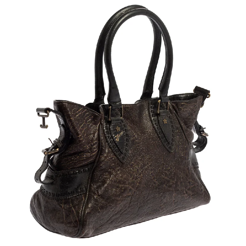 Fendi Dark Brown Shimmer Leather Small Studded Chef De Jour Bag