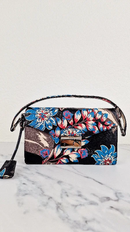 Prada Sound Bag with Floral Print - Black Saffiano Leather with Blue & Red Flowers - Handbag Shoulder Bag Prada BN924K