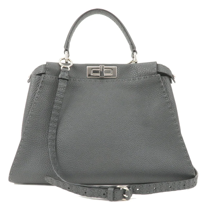 FENDI Selleria Leather Peekaboo Regular 2WAY Bag Black 8BN226