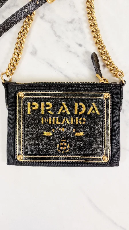 Rare Vintage Prada Black & Gold Tessuto Oro Nylon & Saffiano Leather Cut-Out Logo Crossbody Bag - Prada BT0606