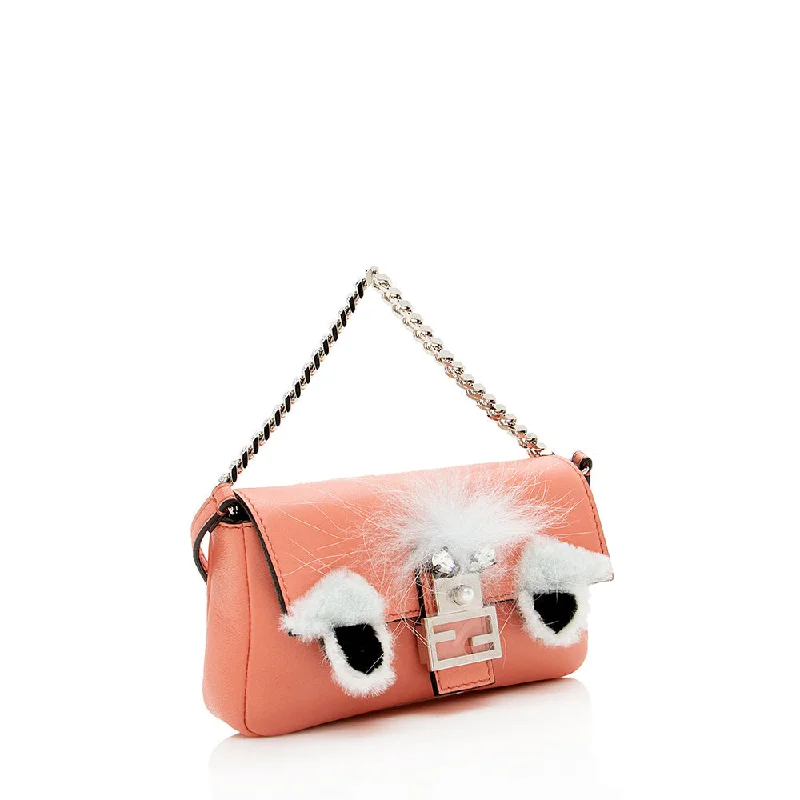 Fendi Nappa Leather Fox Fur Crystal Micro Buggie Baguette Bag (SHF-13762)