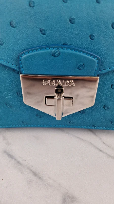 Prada Bag in Voyage Blue Ostrich Leather With Turnlock - RARE Handbag - Prada BN2708 Struzzo