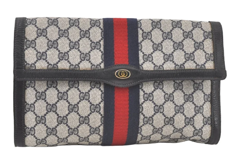 Authentic GUCCI Sherry Line Clutch Hand Bag GG PVC Leather Navy Blue Junk 6728K