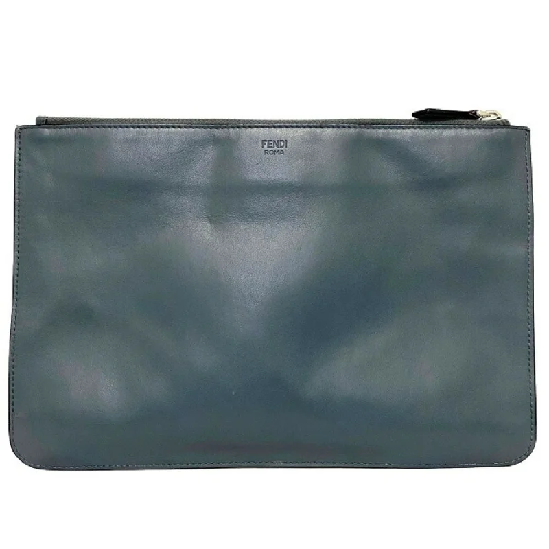 Fendi Clutch Bag Gray Silver Mon 7N0078 Plate Pouch Second Leather FENDI Women's Men's Dual