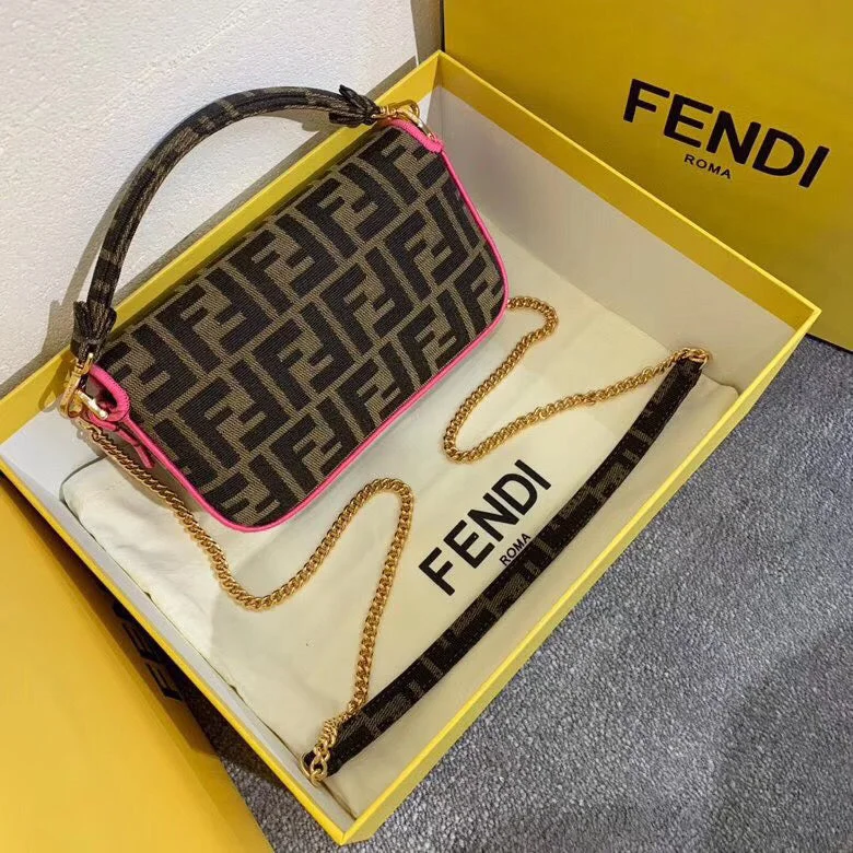 Fendi Mini Baguette Bag In FF Fabric With Fuchsia Trim