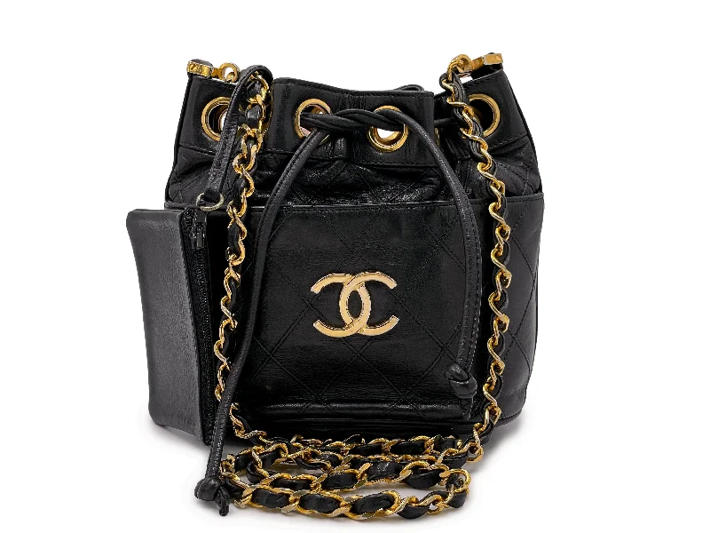 Rare Chanel Vintage 1987 Miniature Drawstring Mini Bucket Bag 24k GHW Black