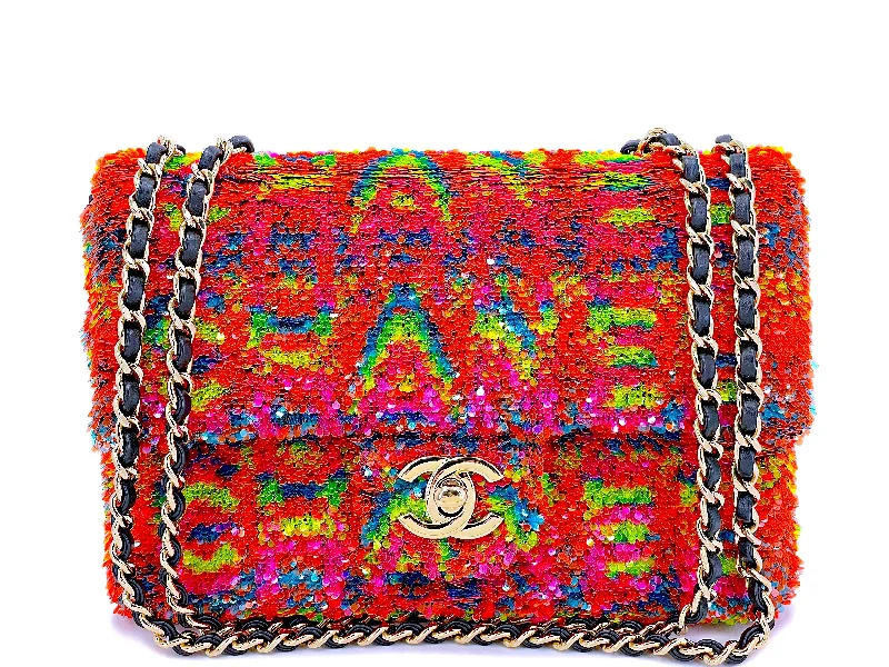 Chanel 2021 Iconic Rainbow Letter Sequin Orange Rectangular Mini Flap Bag GHW