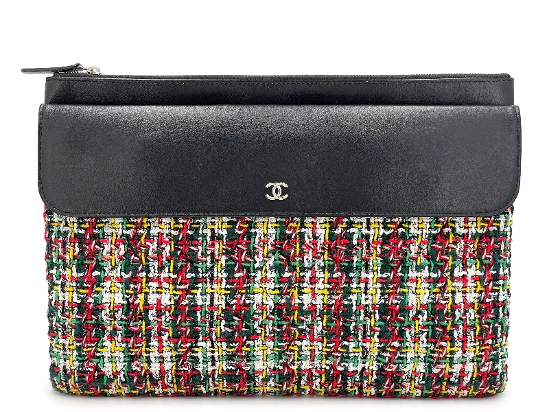 Chanel Plaid Tweed Lambskin Flap Large O Case Clutch Bag