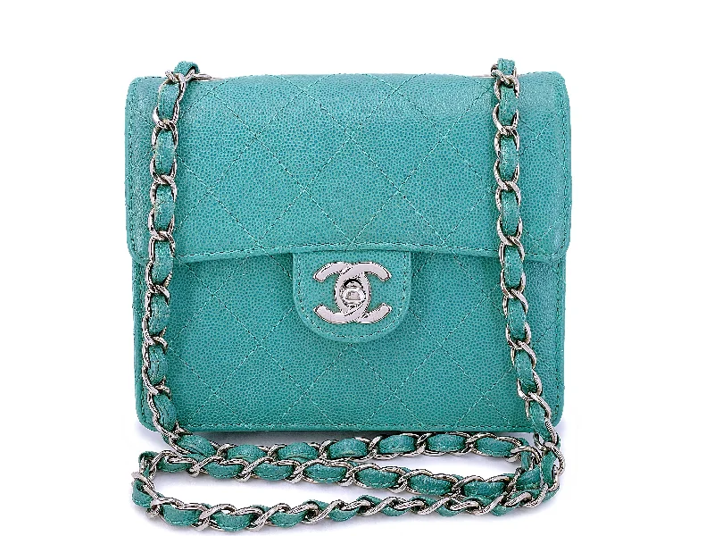 Rare Chanel 1997 Vintage Teal Blue-Green Caviar Square Mini Flap Bag SHW