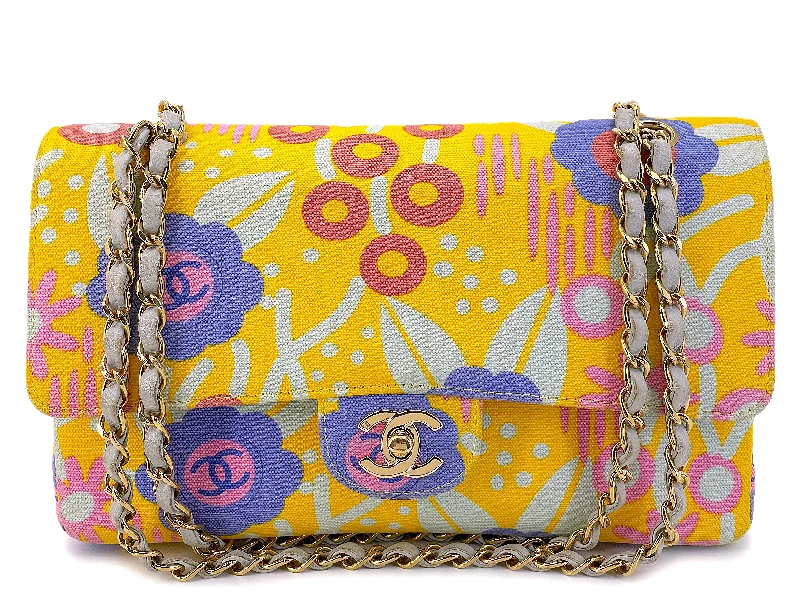 Rare Chanel 2003 Vintage Flower Rainbow Canvas Print Medium Classic Flap Bag 24k GHW