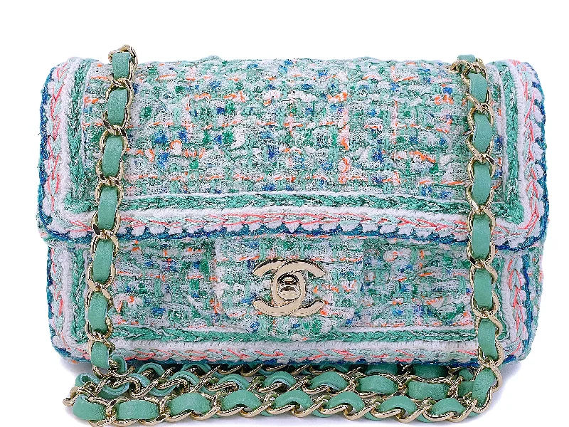 Chanel 2019 Pastel Green Pink Framed Tweed Rectangular Mini Flap Bag