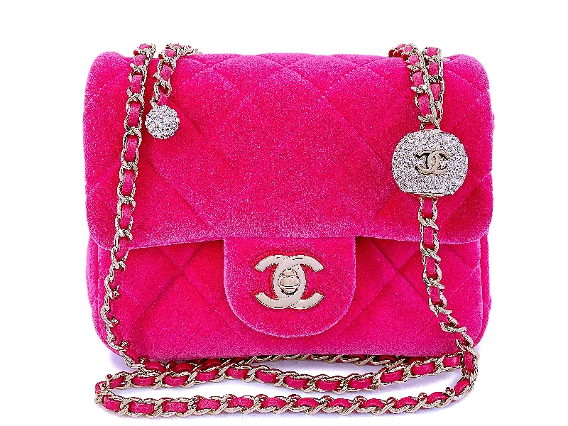 Chanel Pink Fuchsia Velvet Pearl Crush Crystal Charm Mini Flap Bag GHW