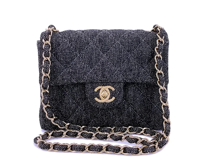 Rare Pristine Chanel 1998 Vintage Gray Denim Square Mini Flap Bag 24k GHW