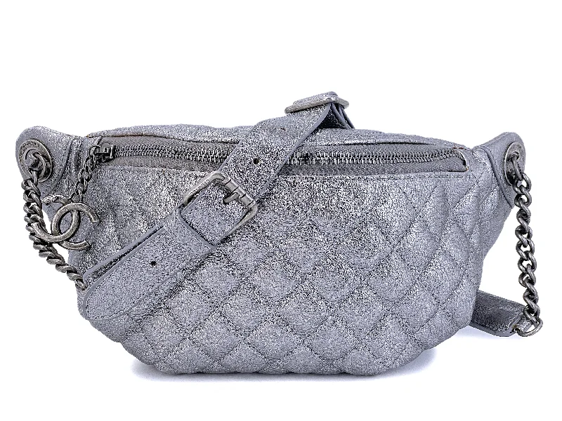 Chanel Silver Metallic Grained Calfskin Banane Fanny Pack Bag RHW