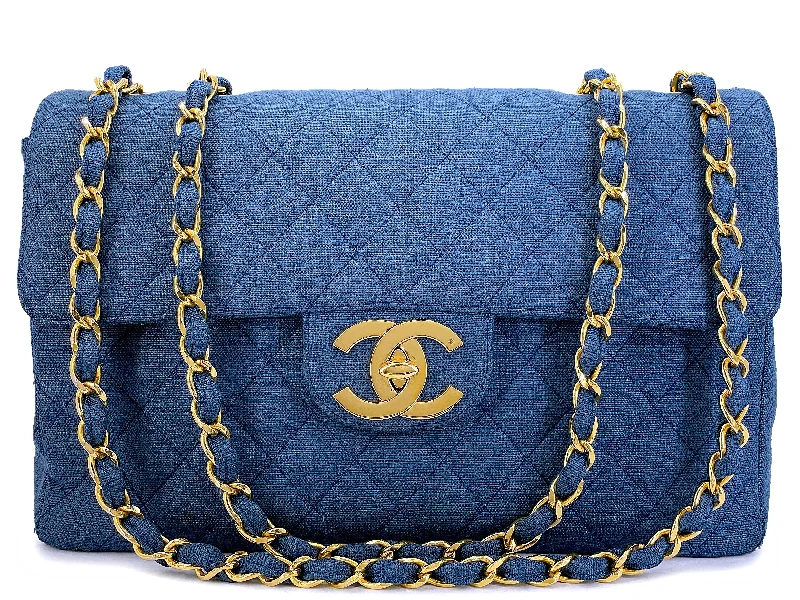 Chanel 1994 Vintage Dark Blue Linen Canvas Classic Maxi Flap Bag 24k GHW