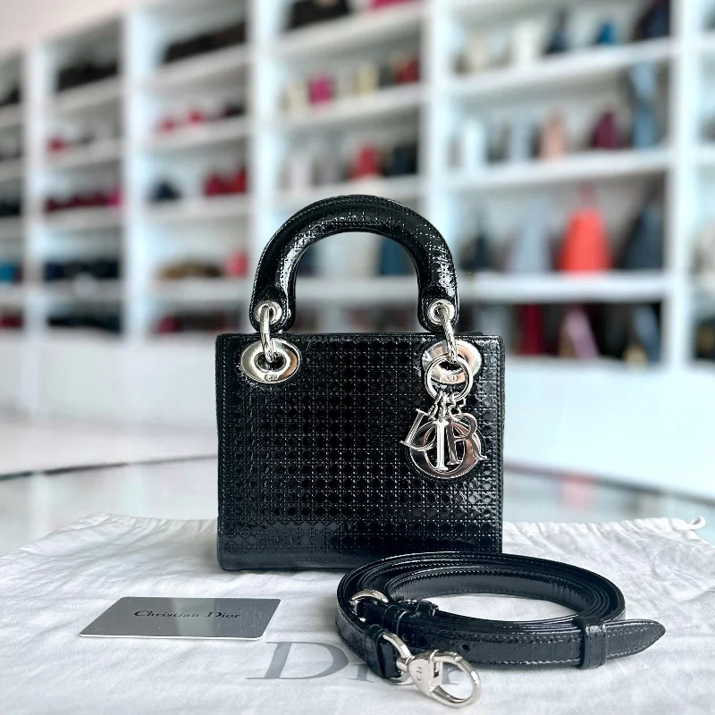 *Adjustable strap* Lady Mini Micro-Cannage Glazed Calfskin Leather Black SHW